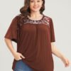 Floral Embroidered Ruffle Sleeve Keyhole Round Neck T-shirt