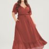Solid Striped Notched Ties Up Pocket Flutter Maxi Dress