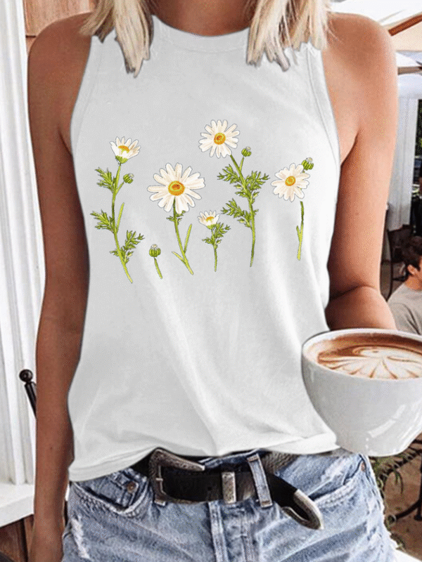 Women's Cute Wildflower Casual Daisy Crew Neck Tank Top