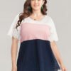 Colorblock Contrast Scalloped Trim Laser Cut Crew Neck T-shirt