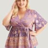 Floral Print Ruffles Belted Wrap Blouse