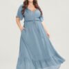 Solid Striped Notched Ties Up Pocket Flutter Maxi Dress