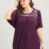 Floral Embroidered Ruffle Sleeve Keyhole Round Neck T-shirt