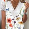 Women's Short Sleeve V Neck Lace Floral Printed Fashion Casual Top