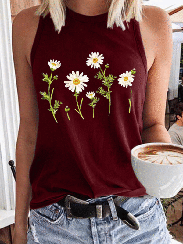 Women's Cute Wildflower Casual Daisy Crew Neck Tank Top