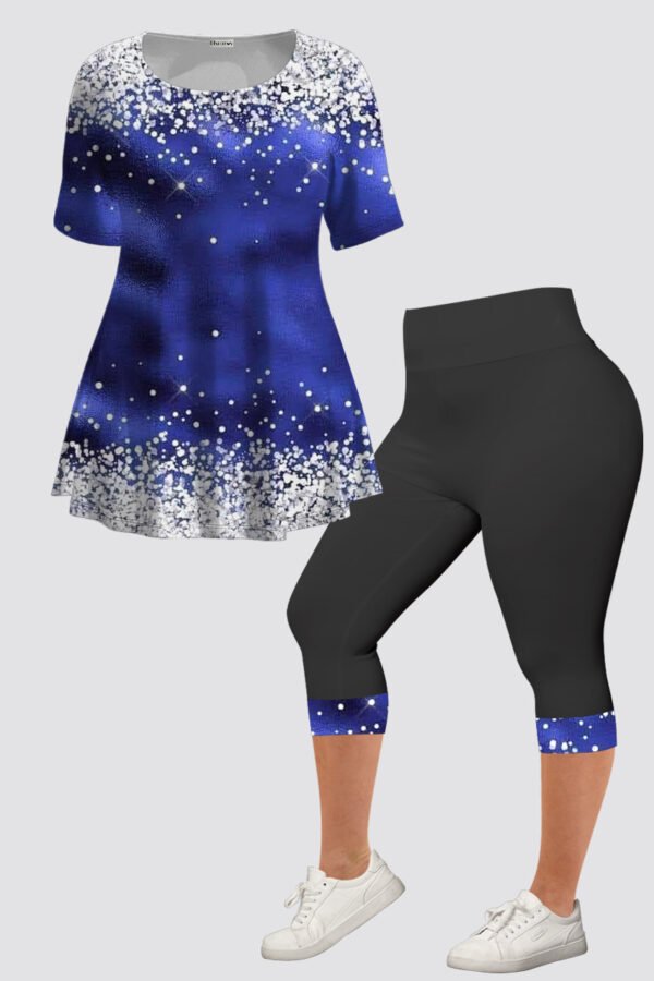 Plus Size Casual Navy Blue Ombre Denim Print Two Piece Pant Set