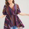 Striped Contrast Wrap Ruffles High Low Hem Blouse