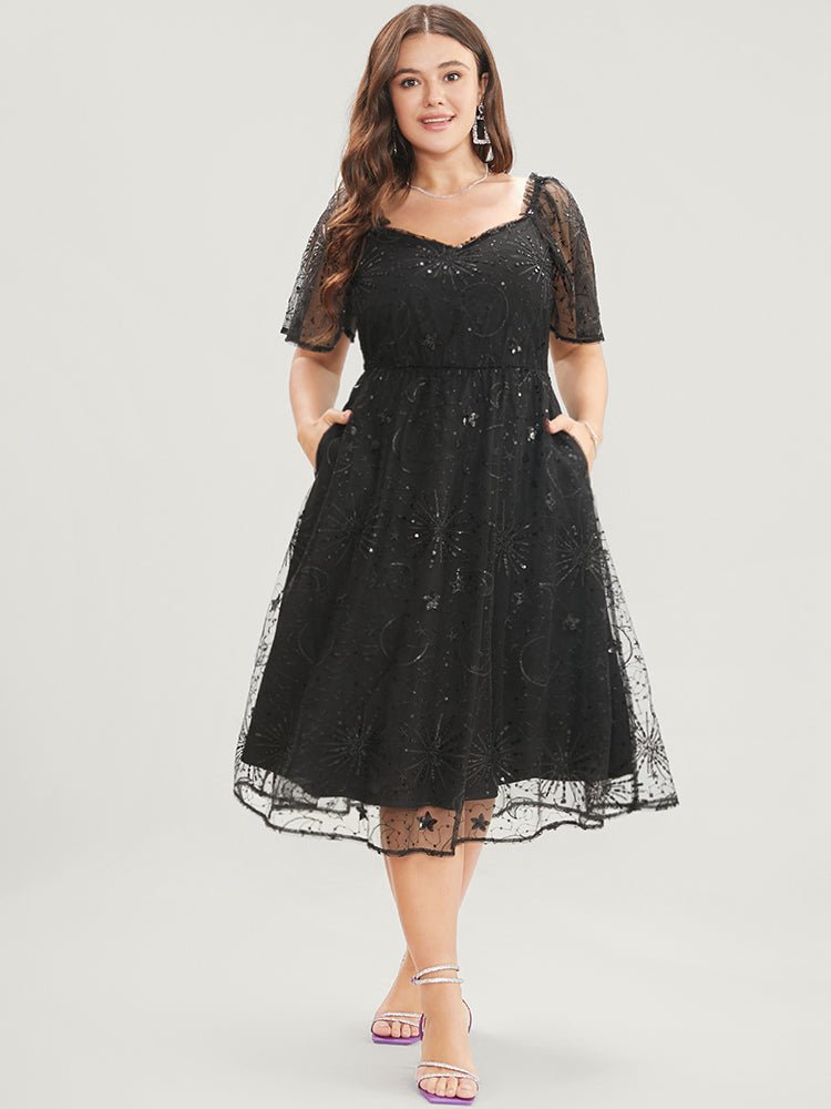 Moon And Star Sequin Detail Pocket Mesh Midi Dress