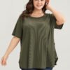 Plain Round Neck Button Detail Waffle Knit Tee