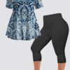 Plus Size Casual Navy Blue Ombre Denim Print Two Piece Pant Set
