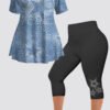 Plus Size Casual Navy Blue Ombre Denim Print Two Piece Pant Set