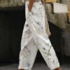 Women's Pants Trousers Faux Linen White Blue Green Casual Holiday Weekend Side Pockets Full Length Comfort Floral S M L XL XXL